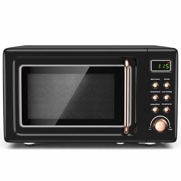 Costway 0.7 Cu.ft Retro Countertop Microwave Oven 700W LED Display Glass Turntable Rose Gold