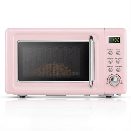 Costway 0.7 Cu.ft Retro Countertop Microwave Oven 700W LED Display Glass Turntable Pink