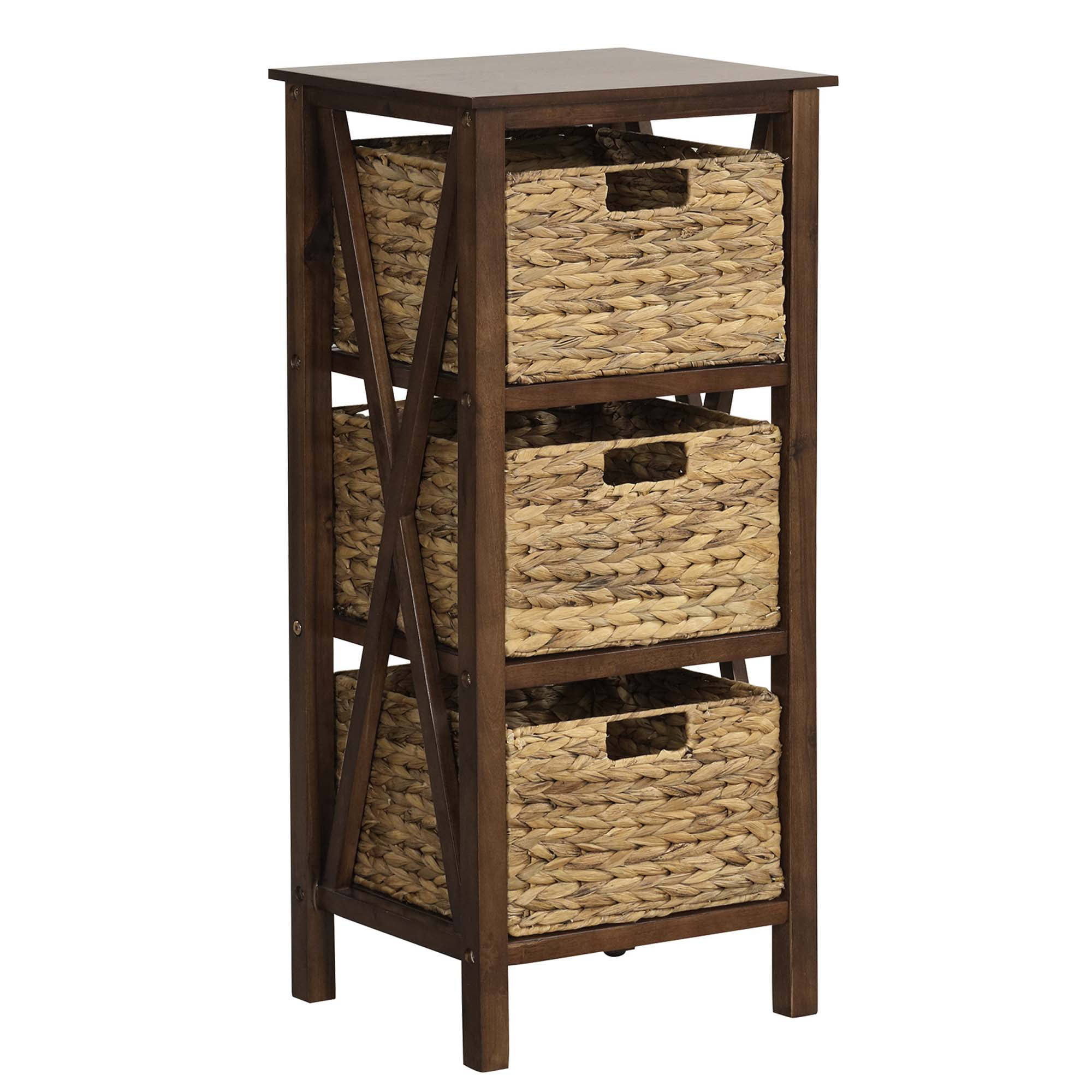 Walnut and Natural 3-Tier Nightstand with Seagrass Baskets