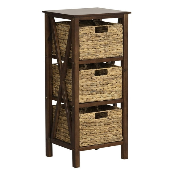 Costway 1 PC 3-Tier Nightstand with 3 Seagrass Baskets Rubber Wood X-Shaped Frames 3 Drawers