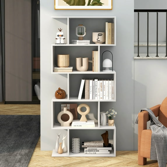 Costway 1 PC 5-Tier Bookshelf Geometric S-Shaped Bookcase Room Divider Storage Display Shelf White