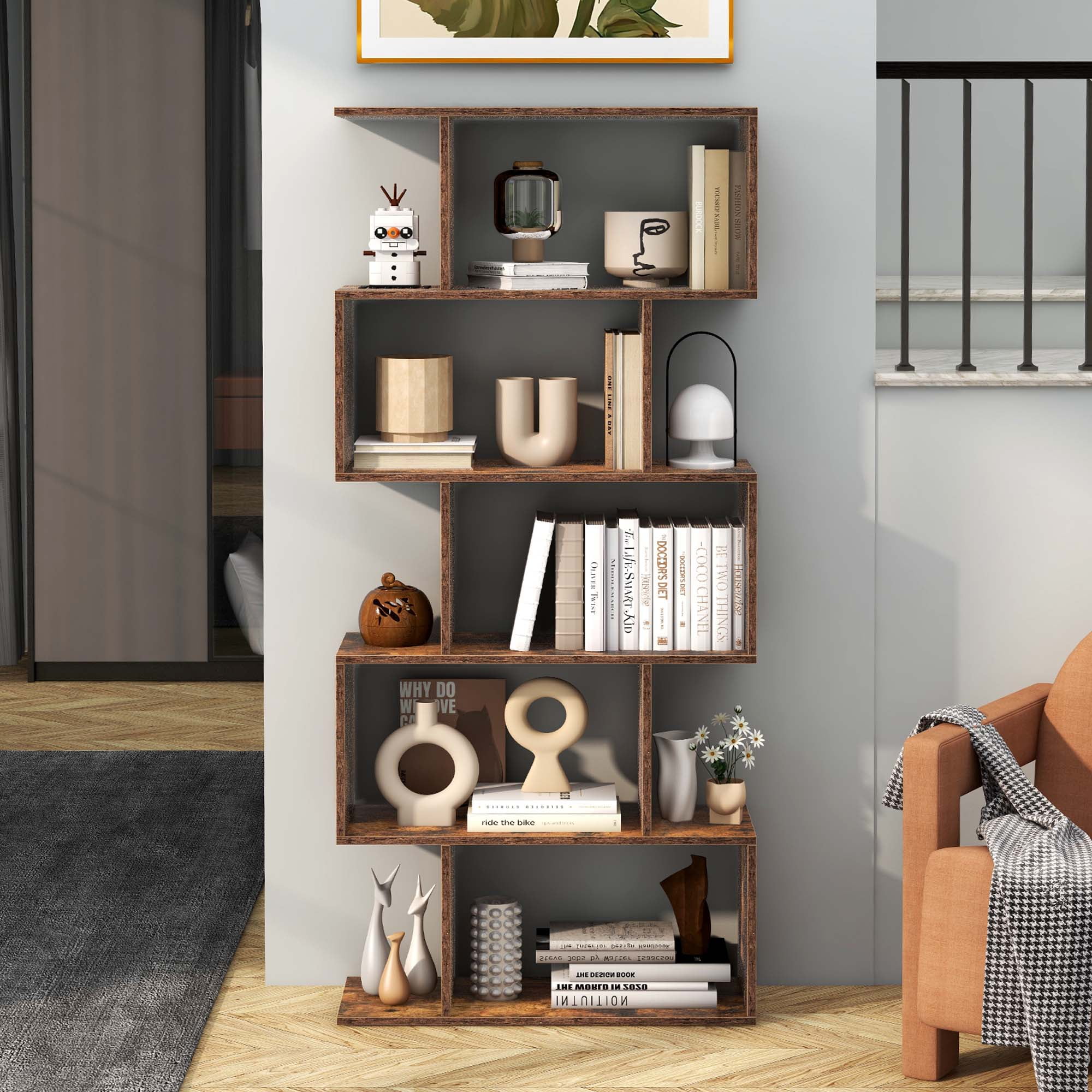 Costway 5-Tier S-Shaped Bookshelf, Rustic Wood Storage Display Divider for  Bedroom, Office - Walmart.com