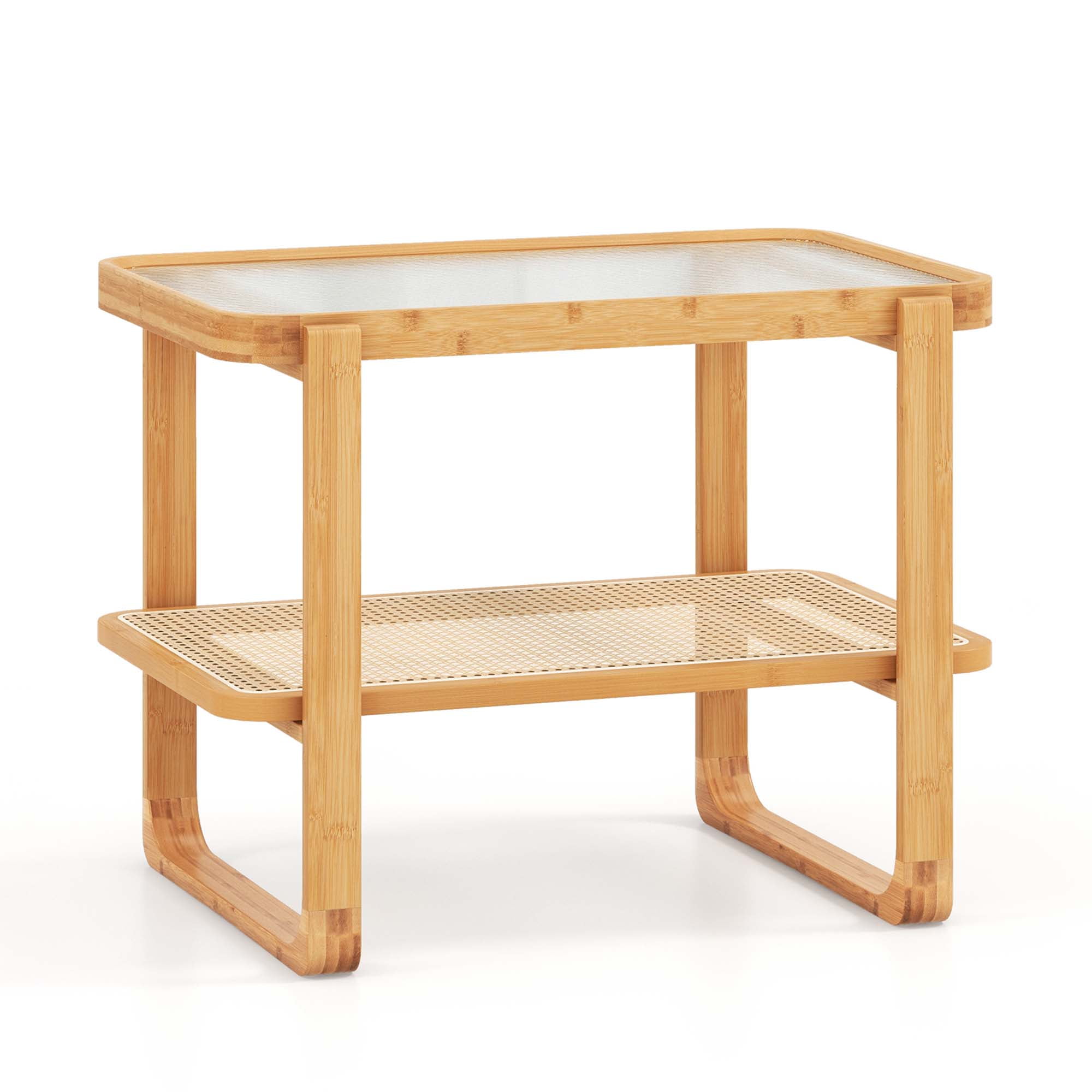 サイドテーブル・ナイトテーブル・ローテーブル Rattan glass top side table Costway Bamboo Side Table, Glass Top, Rattan Shelf, Living Room