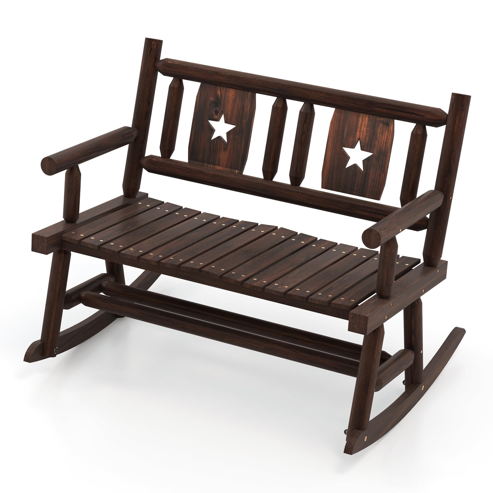 Rustic Brown Pine and Fir Wood 2-Person Outdoor Rocking Loveseat