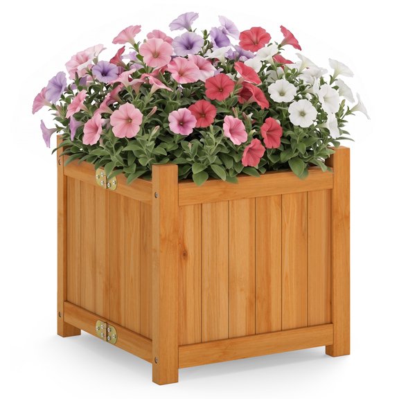 Costway 1 PCS 15 Inch Wooden Planting Box, Outdoor Folding Square Planter with Removable Bottom Orange