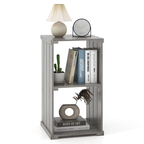 Costway 1 PCS 2-Cube Storage Shelf Slatted Paulownia Wood Cubic Organizer with Open Back Gray