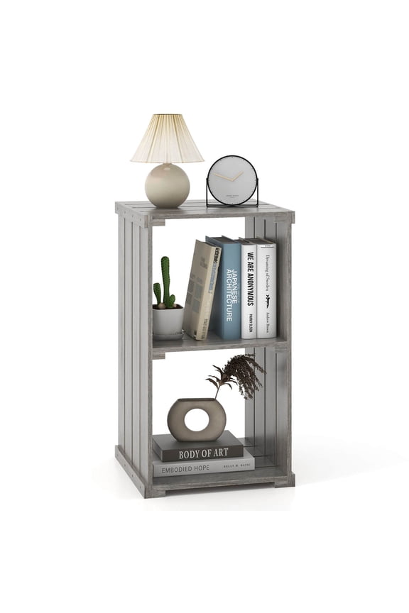 1 PCS 2-Cube Storage Shelf Slatted Paulownia Wood Cubic Organizer with Open Back Gray