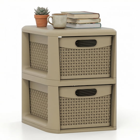 Costway 1 PCS 2-Drawer Cabinet with Wicker Patterns, Handles for Bedroom, Bathroom Tan
