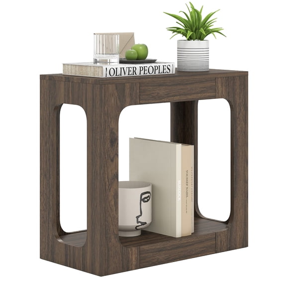 Costway 1 PCS 2-Tier End Table with Storage Shelf Hollow-out Design for Living Room Walnut