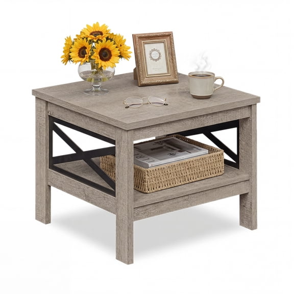 Costway 1 PCS 2-Tier End Table with Storage Shelf & X-Frame, 24” Farmhouse Nightstand for Bedroom Rustic Oak