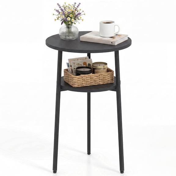 Costway 1 PCS 2-Tier Round Side Table with Storage Shelf, Metal Frame for Living Room Bedroom Black