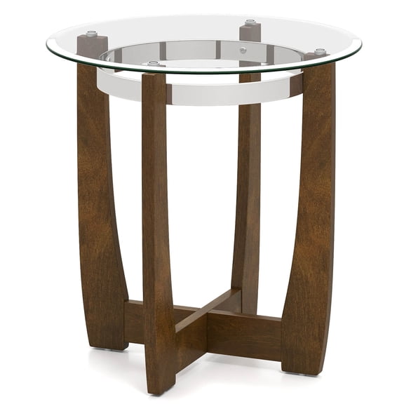 Costway 1 PCS 24" Round Side Table Glass End Table with Tempered Glass Top Cross Walnut