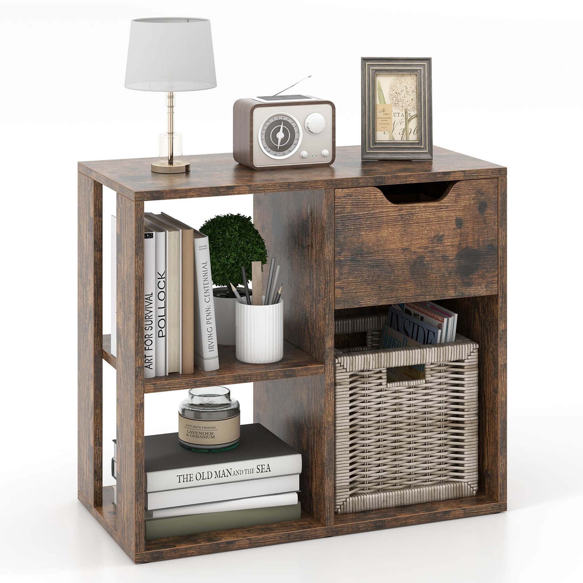 Costway 1 PCS 3-Cube Bookshelf 2-Tier Open Shelf Bookcase with Drawer Home Storage Organizer