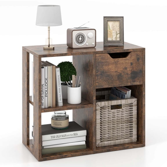 Costway 1 PCS 3-Cube Bookshelf 2-Tier Open Shelf Bookcase with Drawer Home Storage Organizer