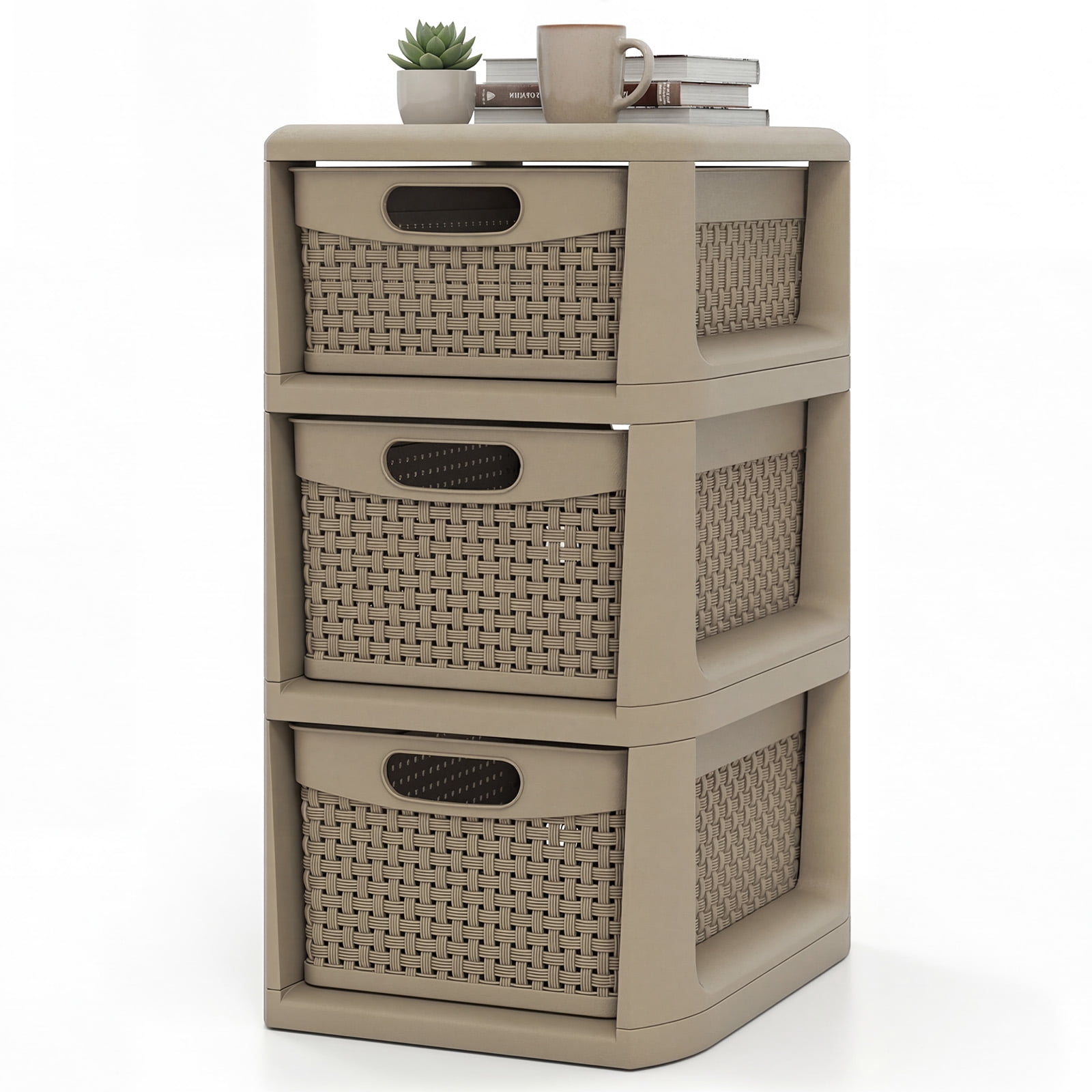 Costway 1 PCS 3-Drawer Storage Cabinet with Wicker Patterns, Handles for Bedroom, Bathroom Tan