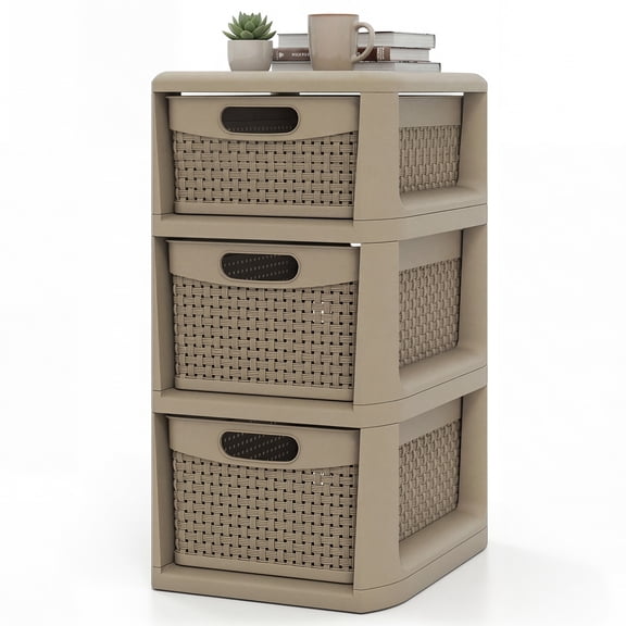 Costway 1 PCS 3-Drawer Storage Cabinet with Wicker Patterns, Handles for Bedroom, Bathroom Tan