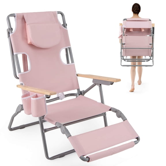 Costway 1 PCS 3-IN-1 Foldable Beach Chair with Face Hole, Footrest, Adjustable Backrest, Pillow Beige