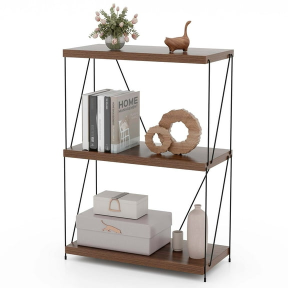 Costway 1 PCS 3-Tier Multipurpose Display Rack Freestanding Bookcase with Metal Frame Walnut