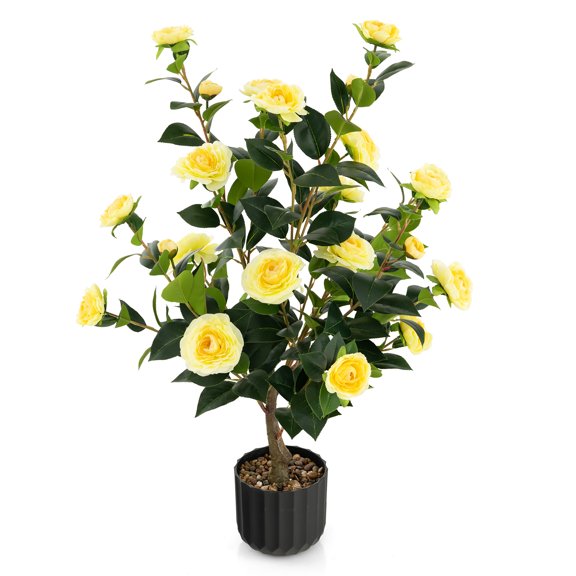 Costway 1 PCS 38" Artificial Camellia Tree Faux Floral Plant Fake Tree for Decoration Yellow