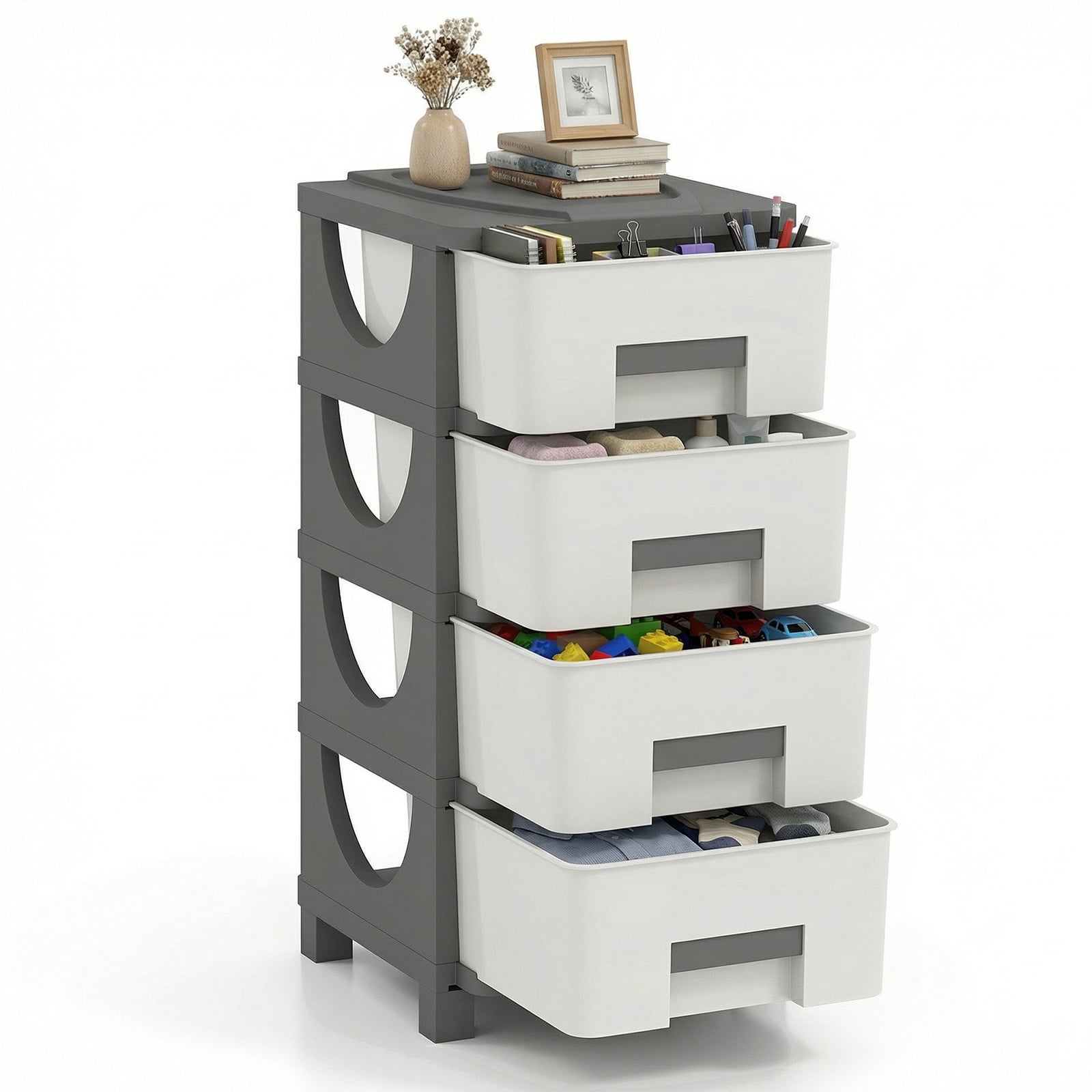 Costway 1 PCS 4-Drawer Storage File Cabinet, Plastic Storage Organizer with Handles for Bedroom White + Gray