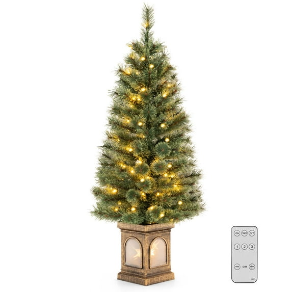 Costway 1 PCS 4 FT Pre-Lit Potted Christmas Tree Pine Needles 3 Dynamic Modes Remote Control
