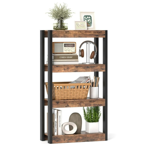 Costway 1 PCS 4 Tier Bookshelf Wooden Bookcase with Dual Anti-Tipping Kits Open Shelving Unit Brown