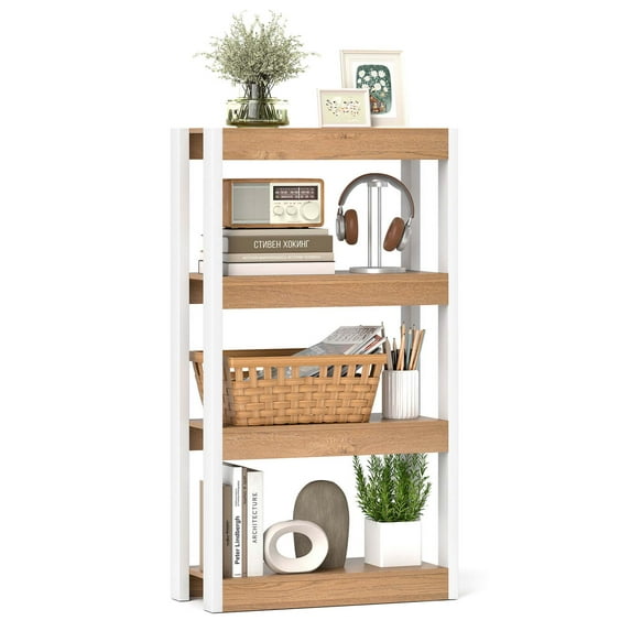 Costway 1 PCS 4 Tier Bookshelf Wooden Bookcase with Dual Anti-Tipping Kits Open Shelving Unit Natural