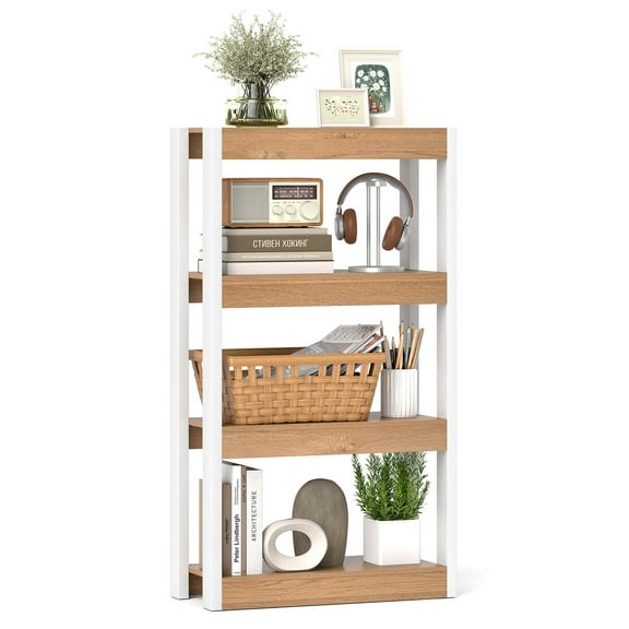 Costway 1 PCS 4 Tier Bookshelf Wooden Bookcase with Dual Anti-Tipping Kits Open Shelving Unit Natural