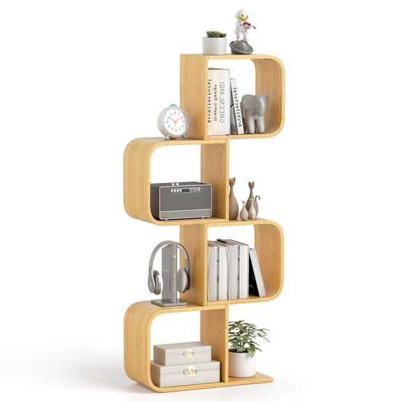 Costway 1 PCS 4-Tier S-Shaped Bookcase with 4 Open Cubes Geometric Corner Display Shelf