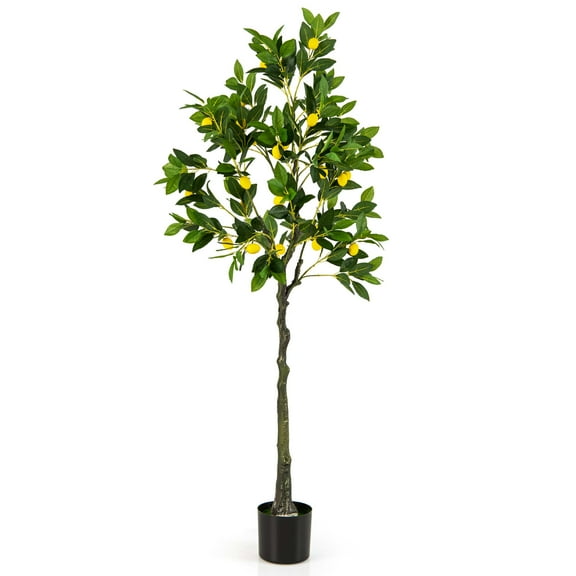 Costway 1 PCS 5.2 FT Tall Artificial Lemon Tree with Lemon Fruits, Cement Pot for Porch, Office