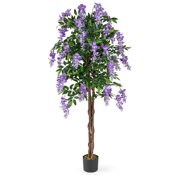Costway 1 PCS 5.5 FT Tall Artificial Ficus Tree Faux Wisteria Plant in Nursery Pot Decoration Purple