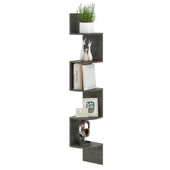 Costway 1 PCS 5-Tier Floating Bookshelf with Safe Round Edge Space-Saving Plant Display Shelf Gray