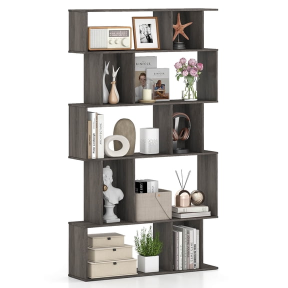 Costway 1 PCS 5-Tier Geometric Bookshelf with Open Shelves & Closed-back Cubes for Living Room Gray Oak