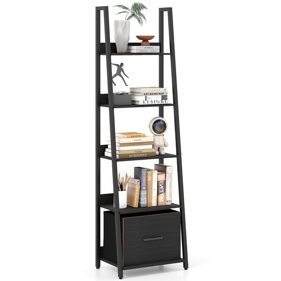 Costway 1 PCS 5-Tier Ladder Bookshelf, Modern Freestanding Bookcase with Removable Fabric Drawer Black