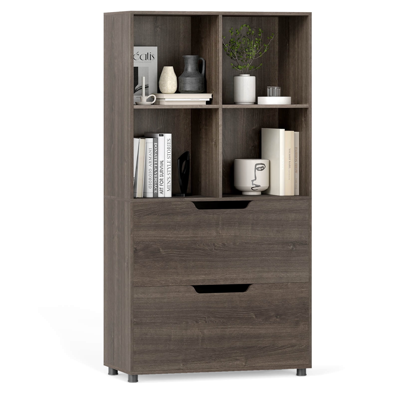 Costway 1 PCS 51” 4-Cube Bookcase with 2 Drawers, Tall Freestanding Bookshelf for Living Room Gray