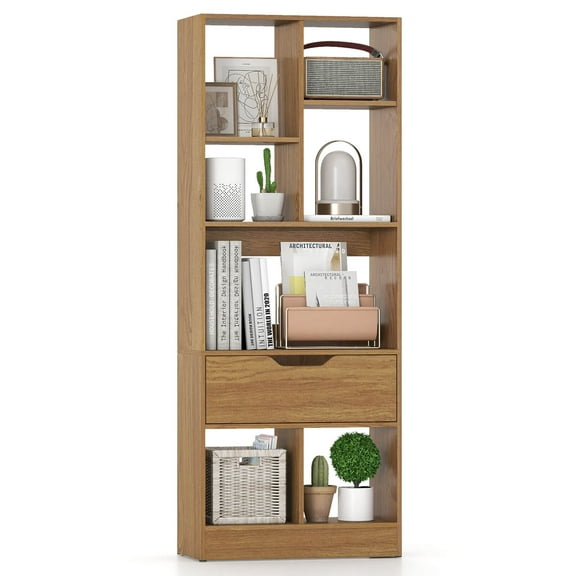 Costway 1 PCS 51” Tall Bookcase with Drawer 7 Open Cubes Anti-toppling Kits for Study Home Office Natrual