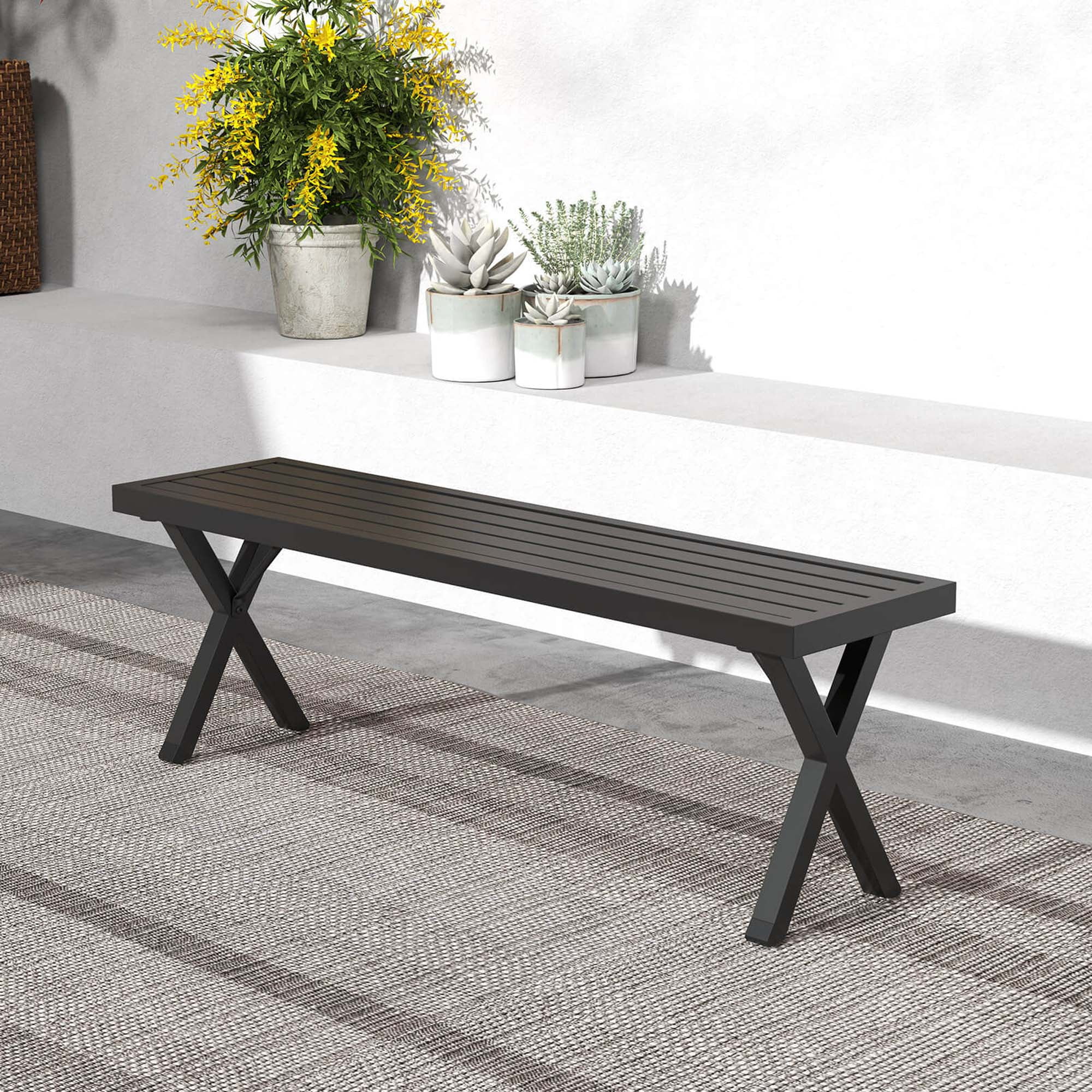 Costway 1 PCS 54" Patio Metal Bench with Slatted Seat & X Legs Backless ...
