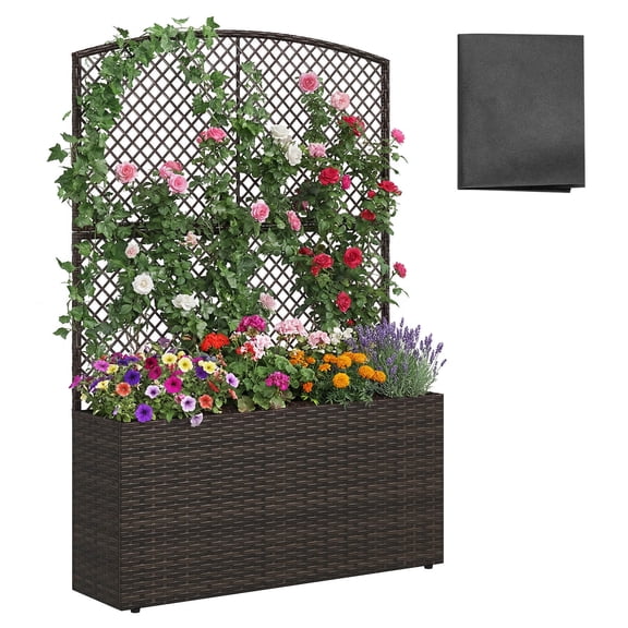 Costway 1 PCS 58” Raised Garden Bed with Trellis, Wicker Planter Box with Privacy Screen Brown