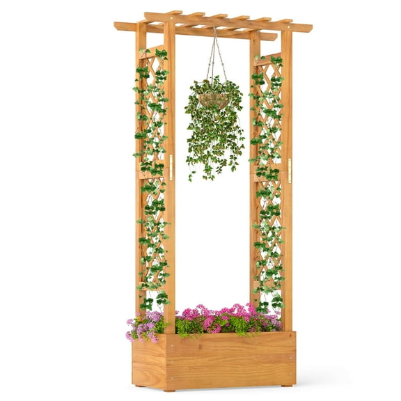 Costway 1 PCS 60” Raised Garden Bed with Trellis with Hanging Roof, 2 Side Trellises for Flower