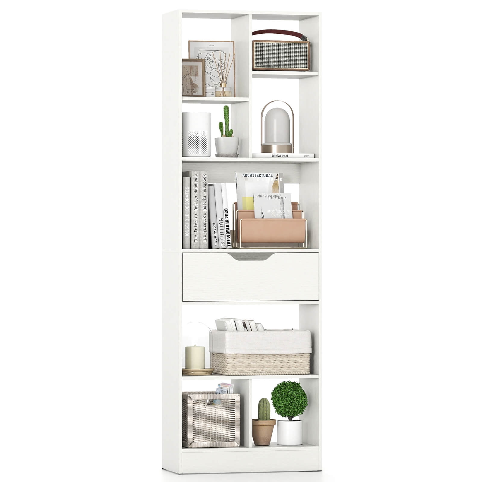 Costway 1 PCS 61” Bookcase with Drawer, 8 Open Cubes, Anti-toppling Kits for Living Room, Study White
