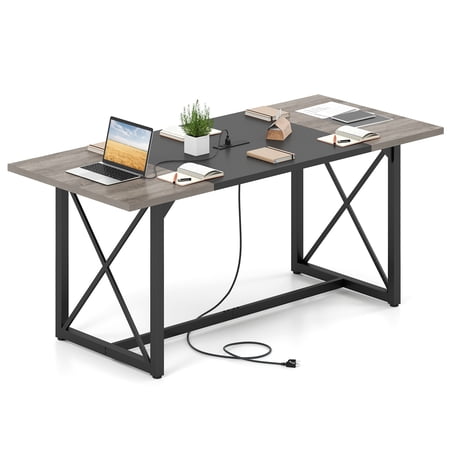 Costway 1 PCS 6FT Conference Table with Power Outlets, Thickened Top & Heavy-duty Metal Frame Gray Oak