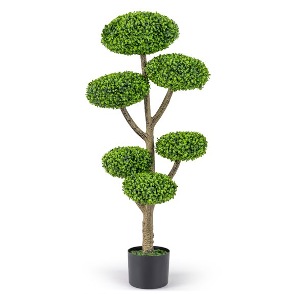 Costway 1 PCS Artificial Sesame Leaf Topiary, 6 Balls Topiary Tree with Realistic Trunk, Base