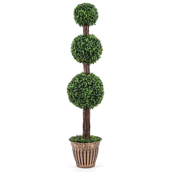 Costway 1 PCS Artificial Triple Ball Boxwood Tree,Fake Topiary with Cement-filled Retro Planter