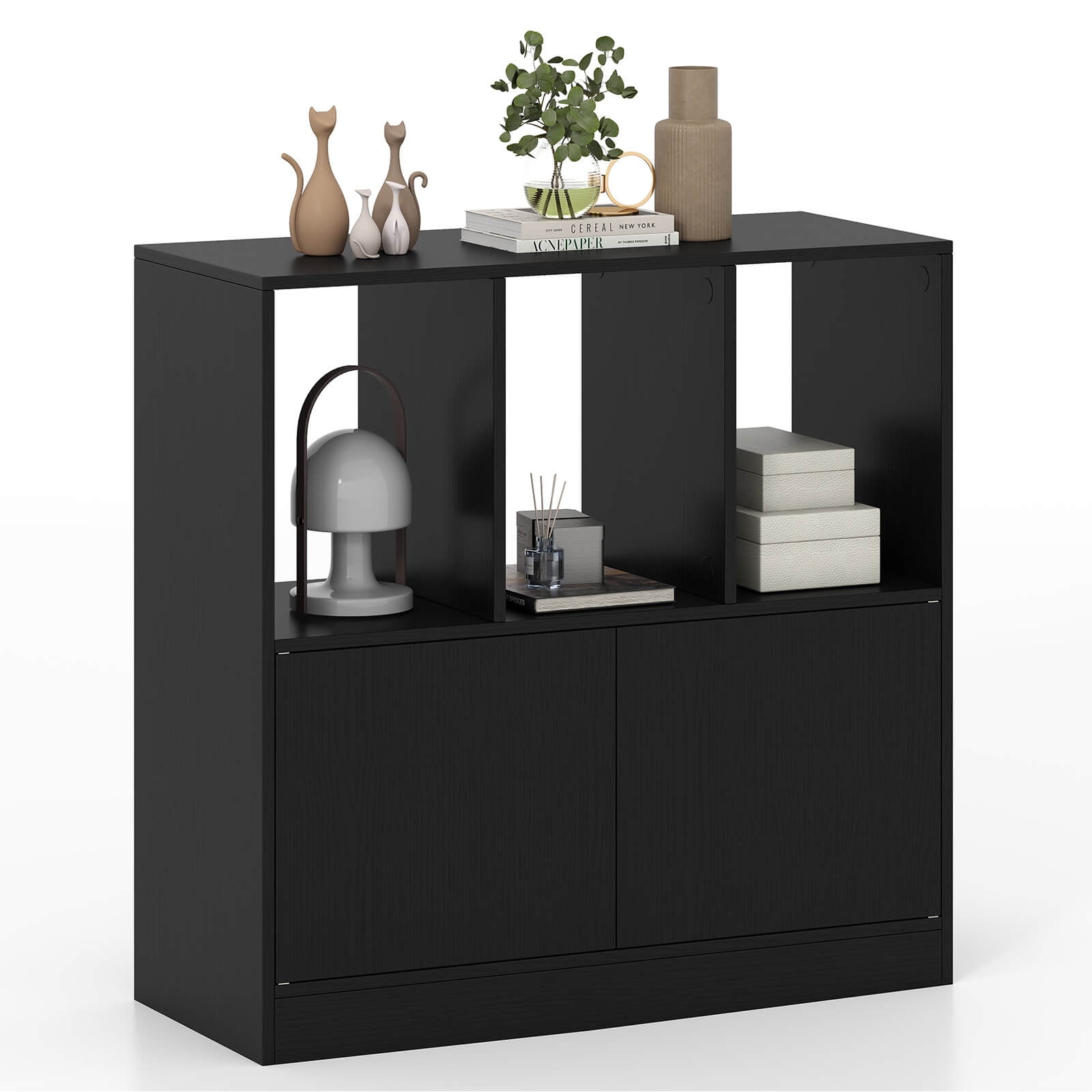 Costway 1 PCS Bookshelf with Cabinet 3-Cube Bookcase 3-Tier Book Shelf for Living Room Office Black