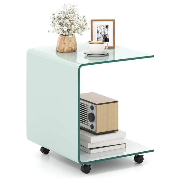 Costway 1 PCS C-Shaped End Table with 2-tier shelf, 4 Swivel Lockable Wheels for Living Room White