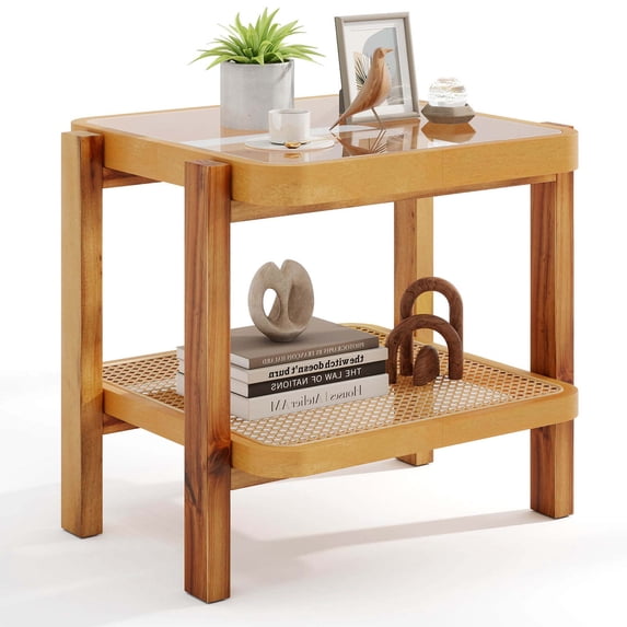 Costway 1 PCS End Table with Tempered Glass Top Acacia Wood Legs Rattan Storage Shelf