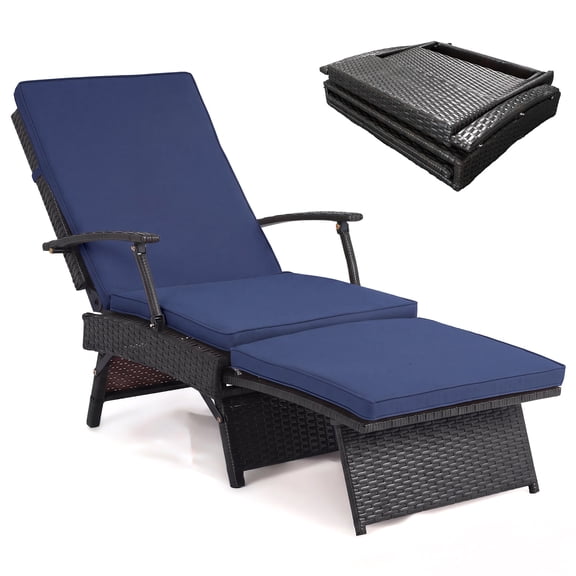 Costway 1 PCS Folding Wicker Chaise Lounge with Slide-Out Ottoman, 11-Level Adjustable Backrest Mix Brown+Navy Blue