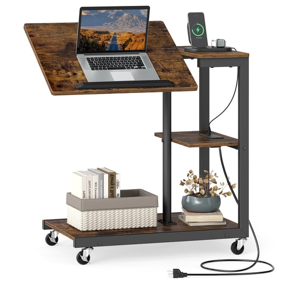 Costway 1 PCS Height Adjustable C Table with Charging Station, Tiltable Tabletop, Storage Shelves