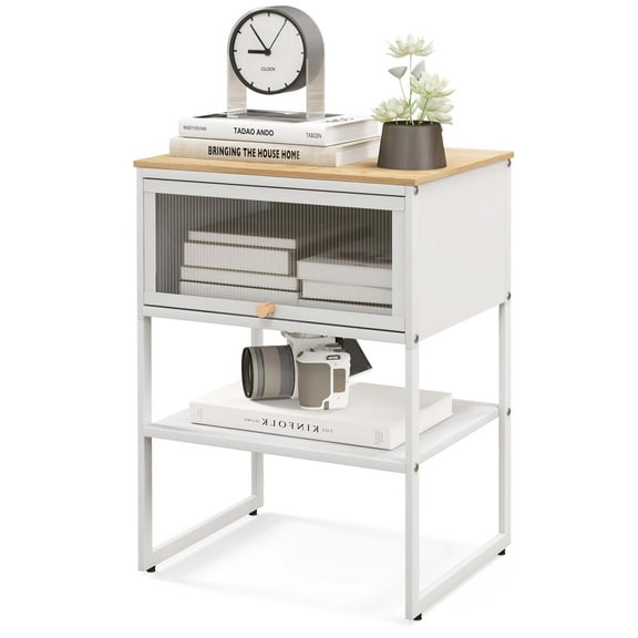 Costway 1 PCS Home Nightstand 3-Tier Storage Table with Open Shelf Heavy-duty Metal Frame