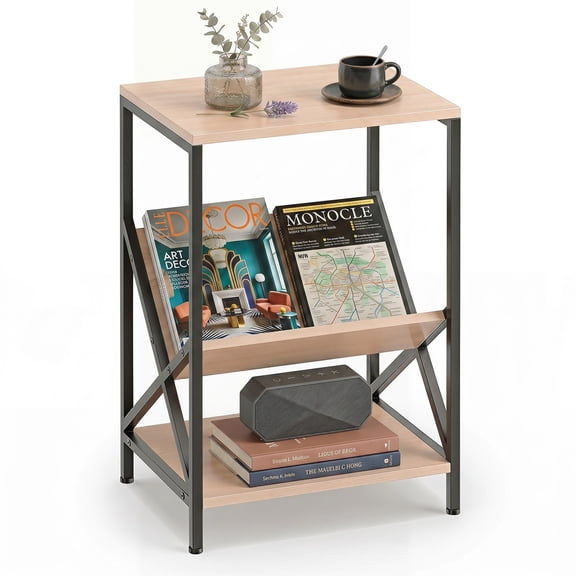 Costway 1 PCS Industrial Side Table 3-Tier End Table with V-Shaped Magazine Holder Beech